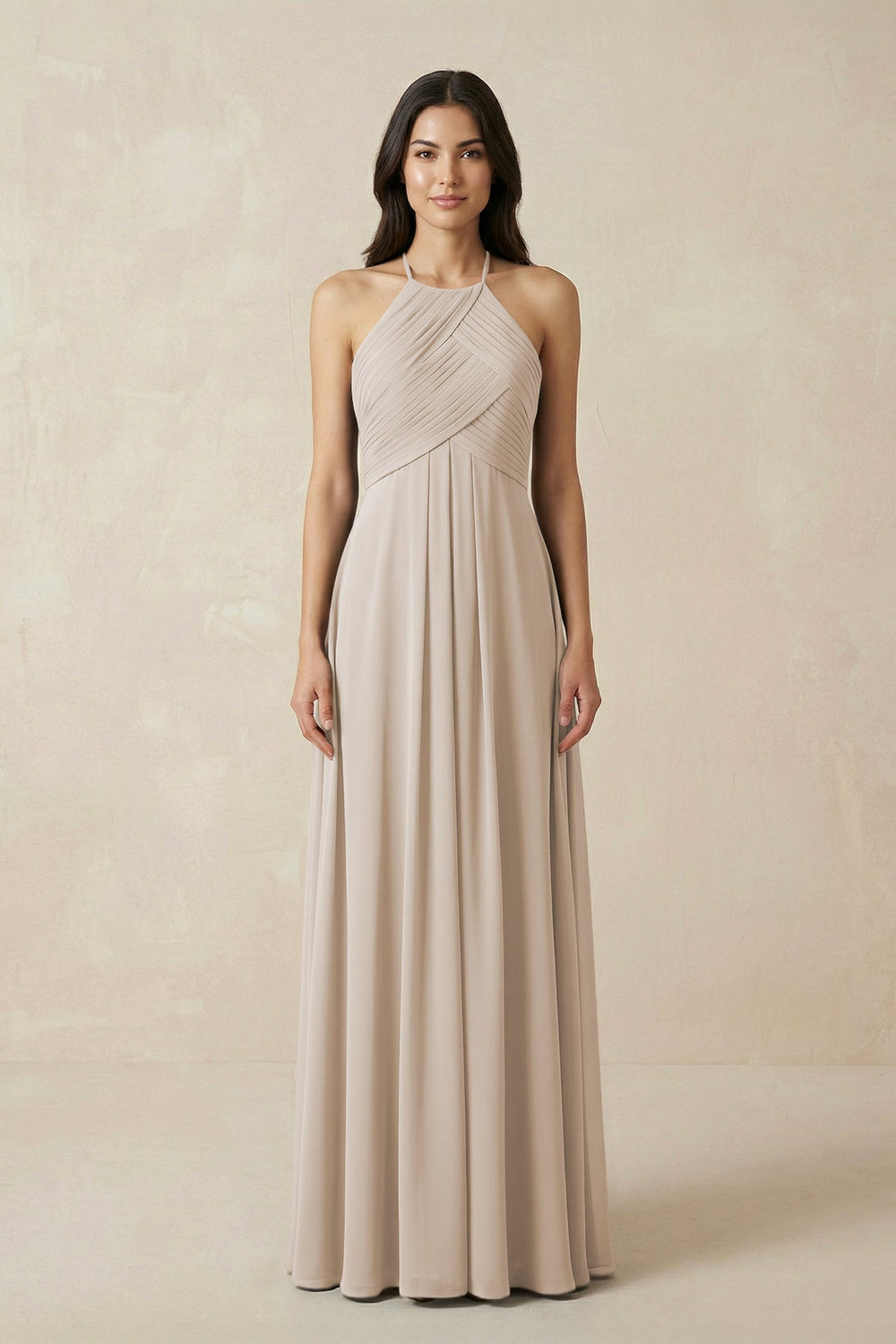 A-Line Halter Neck Pleated Chiffon Bridesmaid Dress in Frost - KISS BRIDAL BRIDESMAID DRESSES