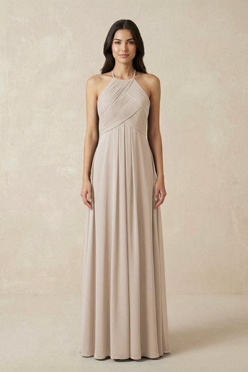 A-Line Halter Neck Pleated Chiffon Bridesmaid Dress in Frost - KISS BRIDAL BRIDESMAID DRESSES