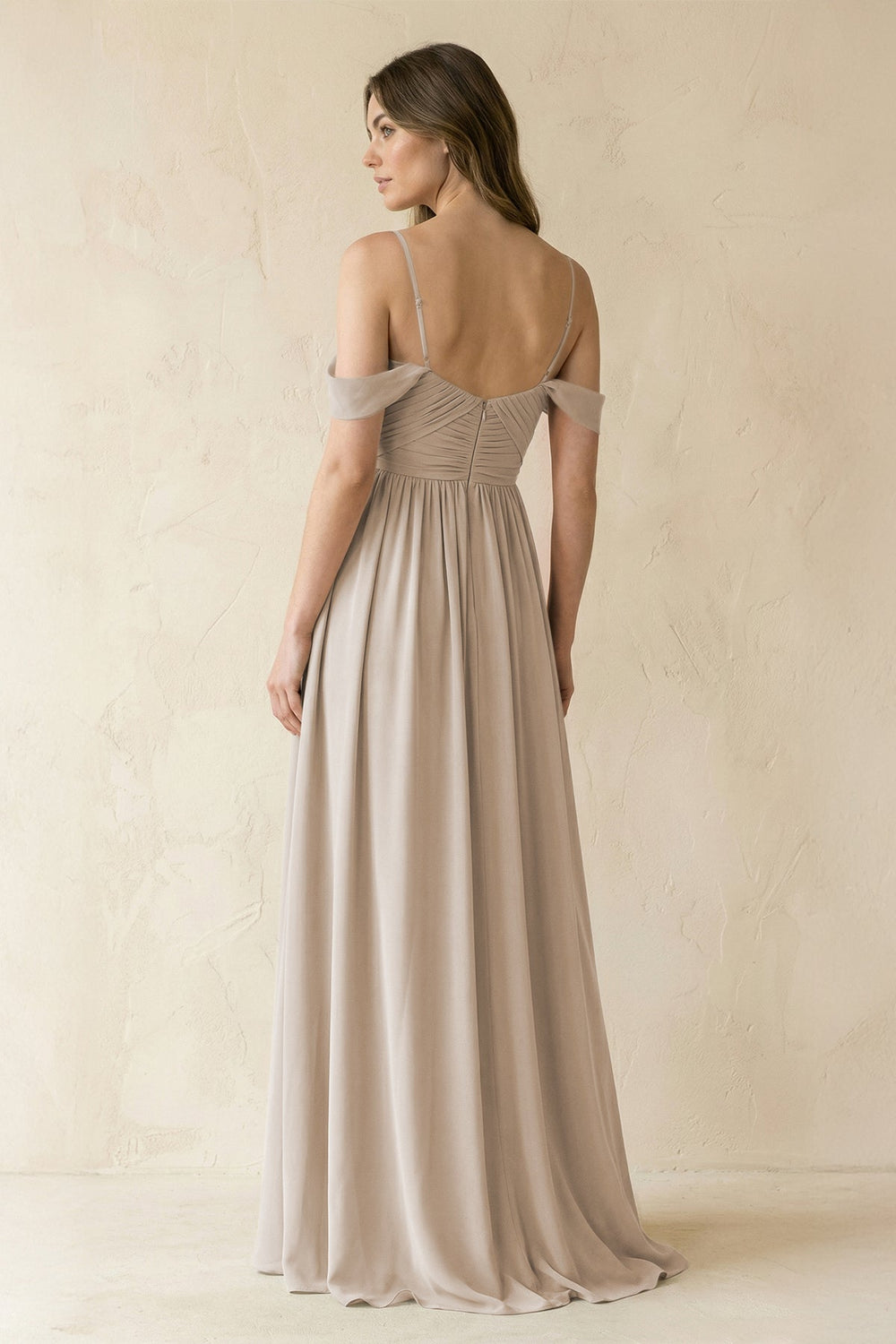 A-Line Off-the-Shoulder Pleated Chiffon Bridesmaid Dress in Frost - KISS BRIDAL BRIDESMAID DRESSES