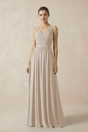 A-Line V-Neck Pleated Chiffon Bridesmaid Dress in Frost - SHE IS ME BRIDESMAID DRESSES