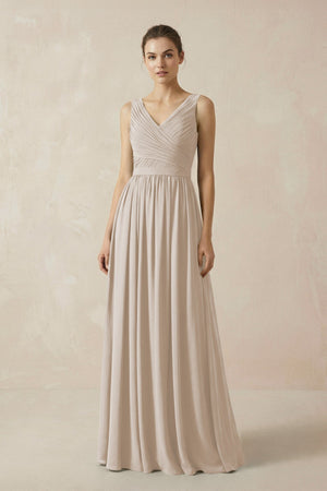 A-Line V-Neck Pleated Chiffon Bridesmaid Dress in Frost - SHE IS ME BRIDESMAID DRESSES