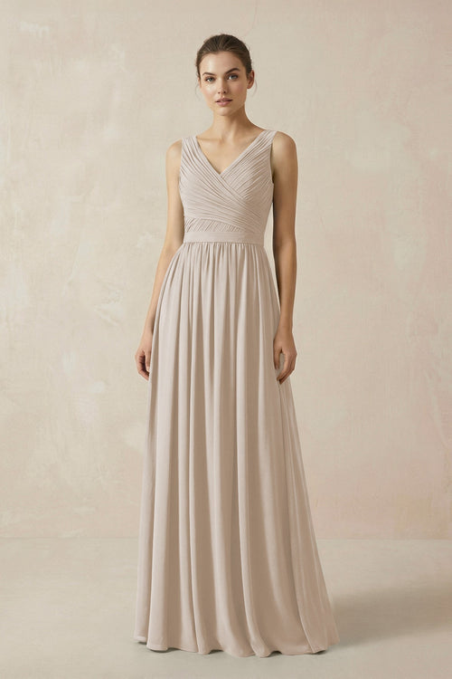 A-Line V-Neck Pleated Chiffon Bridesmaid Dress in Frost - SHE IS ME BRIDESMAID DRESSES