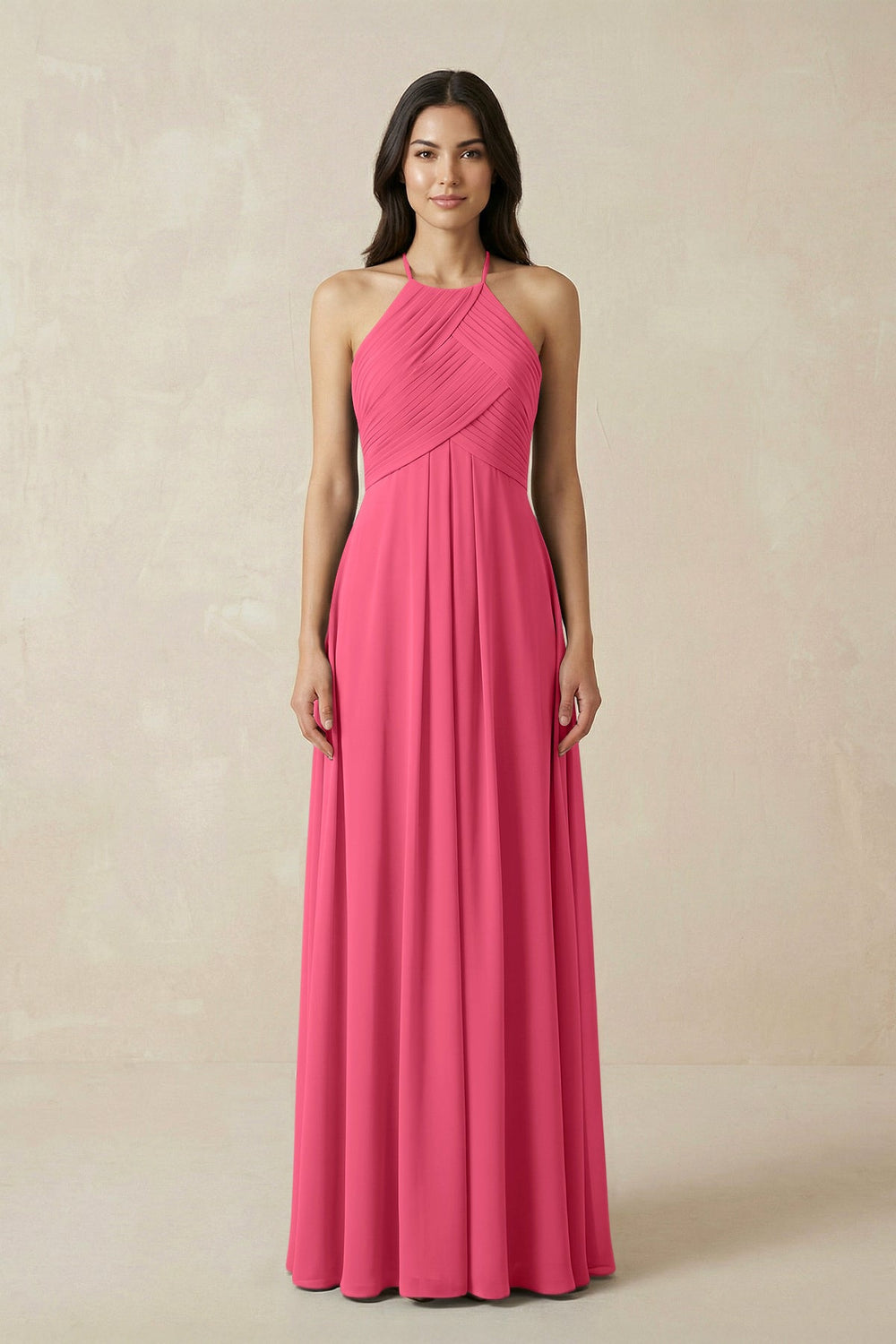 A-Line Halter Neck Pleated Chiffon Bridesmaid Dress in Fuchsia - KISS BRIDAL BRIDESMAID DRESSES