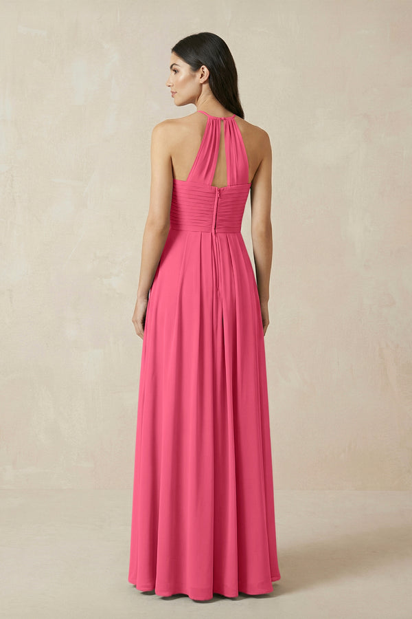A-Line Halter Neck Pleated Chiffon Bridesmaid Dress in Fuchsia - KISS BRIDAL BRIDESMAID DRESSES