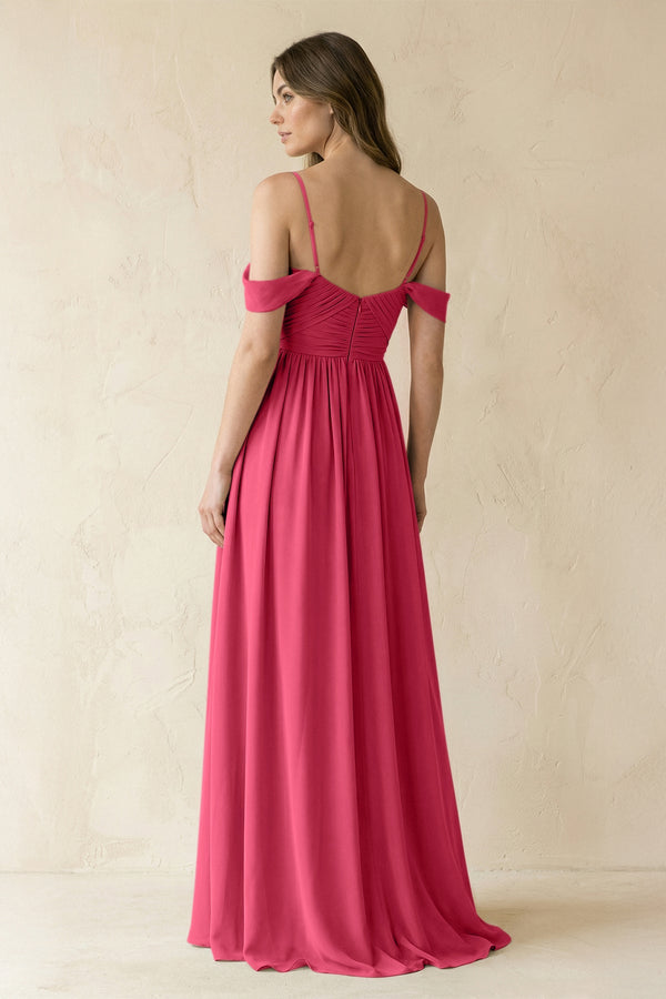 A-Line Off-the-Shoulder Pleated Chiffon Bridesmaid Dress in Fuchsia - SHE IS ME BRIDESMAID DRESSES