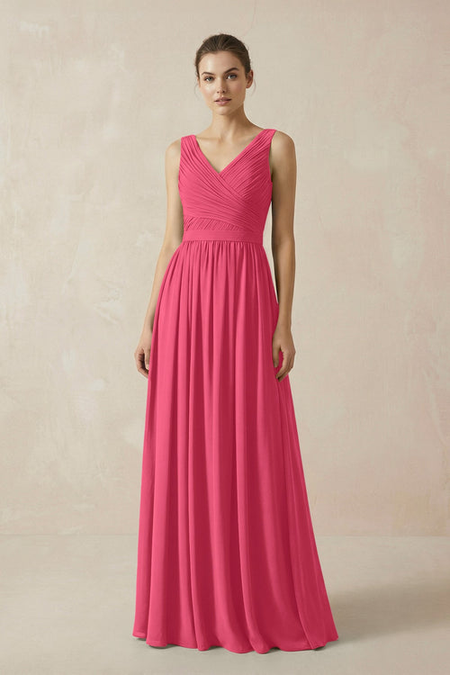 A-Line V-Neck Pleated Chiffon Bridesmaid Dress in Fuchsia - SHE IS ME BRIDESMAID DRESSES