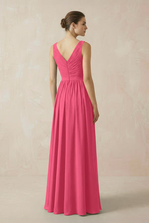 A-Line V-Neck Pleated Chiffon Bridesmaid Dress in Fuchsia - SHE IS ME BRIDESMAID DRESSES