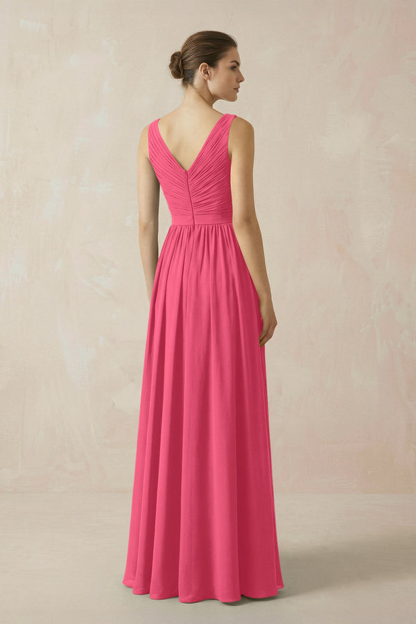 A-Line V-Neck Pleated Chiffon Bridesmaid Dress in Fuchsia - SHE IS ME BRIDESMAID DRESSES