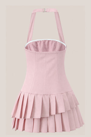 Pleated Halter A - Line Cotton Mini Dress in Pink - SHE IS ME Dresses