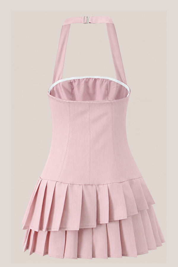 Pleated Halter A - Line Cotton Mini Dress in Pink - SHE IS ME Dresses