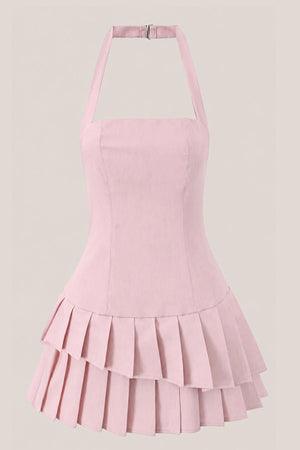 Pleated Halter A - Line Cotton Mini Dress in Pink - SHE IS ME Dresses