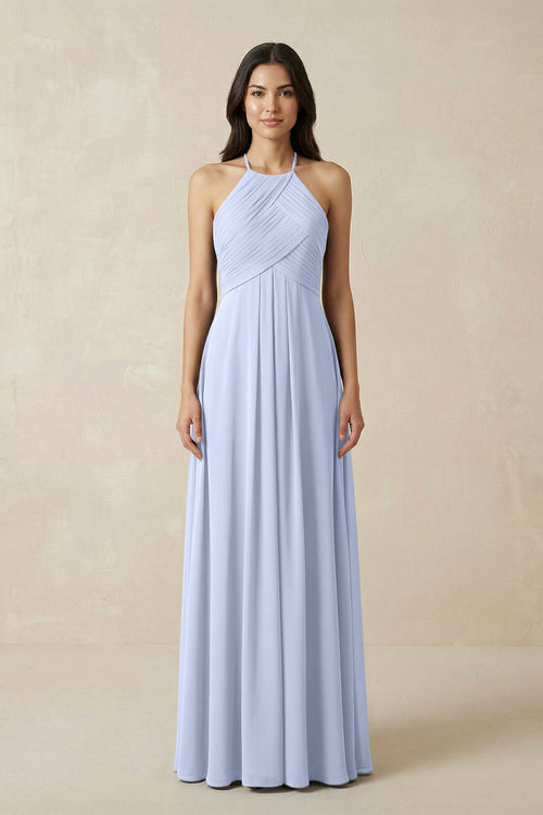 A-Line Halter Neck Pleated Chiffon Bridesmaid Dress in Ice - KISS BRIDAL BRIDESMAID DRESSES