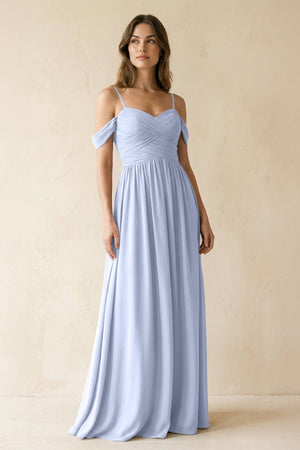 A-Line Off-the-Shoulder Pleated Chiffon Bridesmaid Dress in Ice - SHE IS ME BRIDESMAID DRESSES