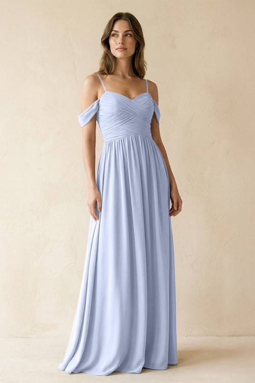 A-Line Off-the-Shoulder Pleated Chiffon Bridesmaid Dress in Ice - SHE IS ME BRIDESMAID DRESSES
