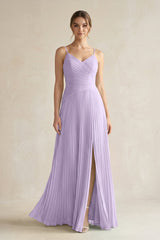 Pleated A-Line Long Chiffon Bridesmaid Dress in Lavender