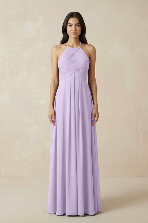 A-Line Halter Neck Pleated Chiffon Bridesmaid Dress in Lavender - KISS BRIDAL BRIDESMAID DRESSES
