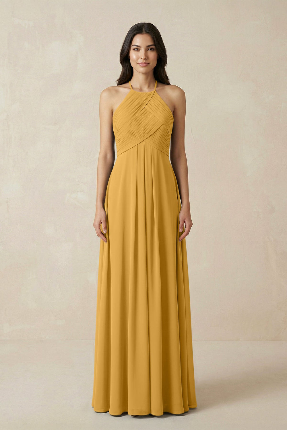 A-Line Halter Neck Pleated Chiffon Bridesmaid Dress in Marigold - KISS BRIDAL BRIDESMAID DRESSES