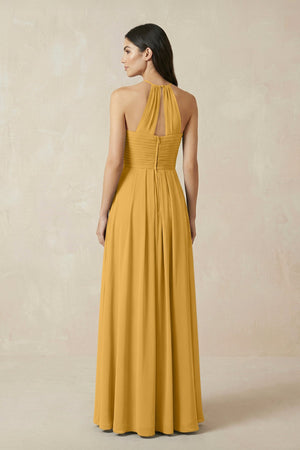 A-Line Halter Neck Pleated Chiffon Bridesmaid Dress in Marigold - KISS BRIDAL BRIDESMAID DRESSES