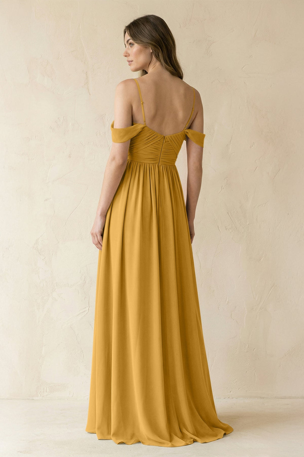 A-Line Off-the-Shoulder Pleated Chiffon Bridesmaid Dress in Marigold - KISS BRIDAL BRIDESMAID DRESSES