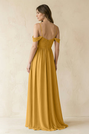 A-Line Off-the-Shoulder Pleated Chiffon Bridesmaid Dress in Marigold - SHE IS ME BRIDESMAID DRESSES