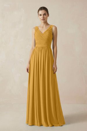 A-Line V-Neck Pleated Chiffon Bridesmaid Dress in Marigold - SHE IS ME BRIDESMAID DRESSES