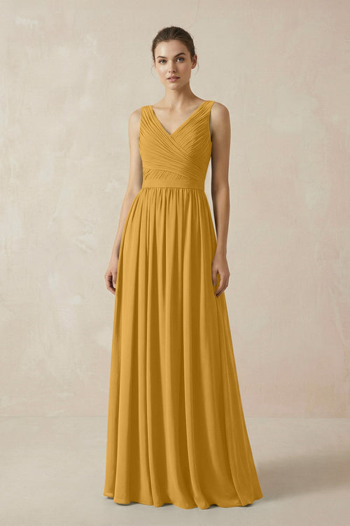 A-Line V-Neck Pleated Chiffon Bridesmaid Dress in Marigold - SHE IS ME BRIDESMAID DRESSES