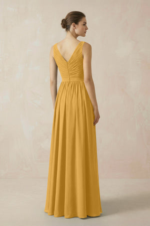 A-Line V-Neck Pleated Chiffon Bridesmaid Dress in Marigold - SHE IS ME BRIDESMAID DRESSES