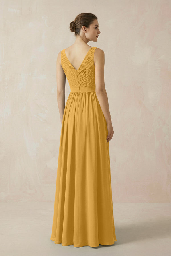 A-Line V-Neck Pleated Chiffon Bridesmaid Dress in Marigold - SHE IS ME BRIDESMAID DRESSES