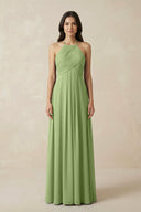 A-Line Halter Neck Pleated Chiffon Bridesmaid Dress in Matcha - KISS BRIDAL BRIDESMAID DRESSES