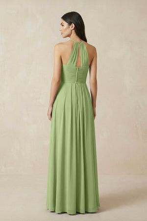 A-Line Halter Neck Pleated Chiffon Bridesmaid Dress in Matcha - KISS BRIDAL BRIDESMAID DRESSES
