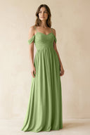 A-Line Off-the-Shoulder Pleated Chiffon Bridesmaid Dress in Matcha - SHE IS ME BRIDESMAID DRESSES