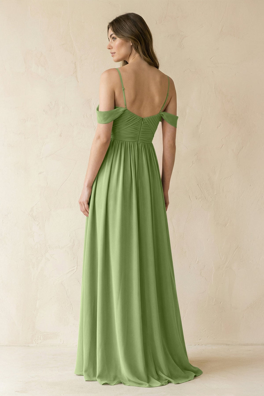 A-Line Off-the-Shoulder Pleated Chiffon Bridesmaid Dress in Matcha - KISS BRIDAL BRIDESMAID DRESSES