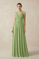 A-Line V-Neck Pleated Chiffon Bridesmaid Dress in Matcha - SHE IS ME BRIDESMAID DRESSES