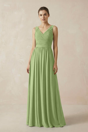 A-Line V-Neck Pleated Chiffon Bridesmaid Dress in Matcha - SHE IS ME BRIDESMAID DRESSES