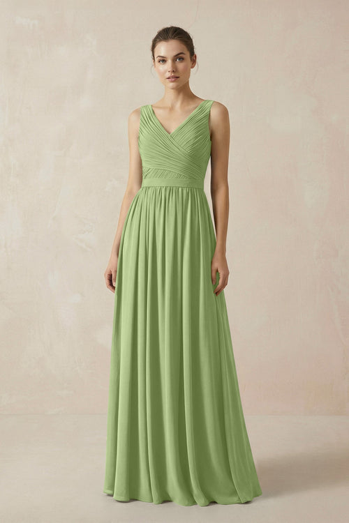 A-Line V-Neck Pleated Chiffon Bridesmaid Dress in Matcha - SHE IS ME BRIDESMAID DRESSES