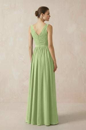 A-Line V-Neck Pleated Chiffon Bridesmaid Dress in Matcha - SHE IS ME BRIDESMAID DRESSES