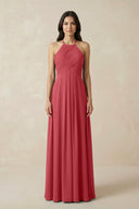 A-Line Halter Neck Pleated Chiffon Bridesmaid Dress in Merlot - KISS BRIDAL BRIDESMAID DRESSES