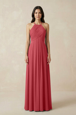 A-Line Halter Neck Pleated Chiffon Bridesmaid Dress in Merlot - KISS BRIDAL BRIDESMAID DRESSES