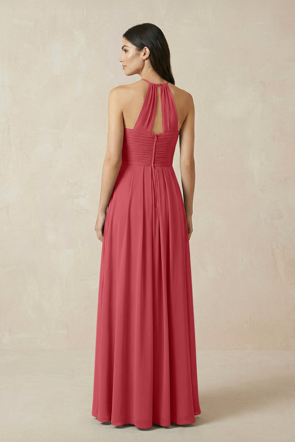 A-Line Halter Neck Pleated Chiffon Bridesmaid Dress in Merlot - KISS BRIDAL BRIDESMAID DRESSES