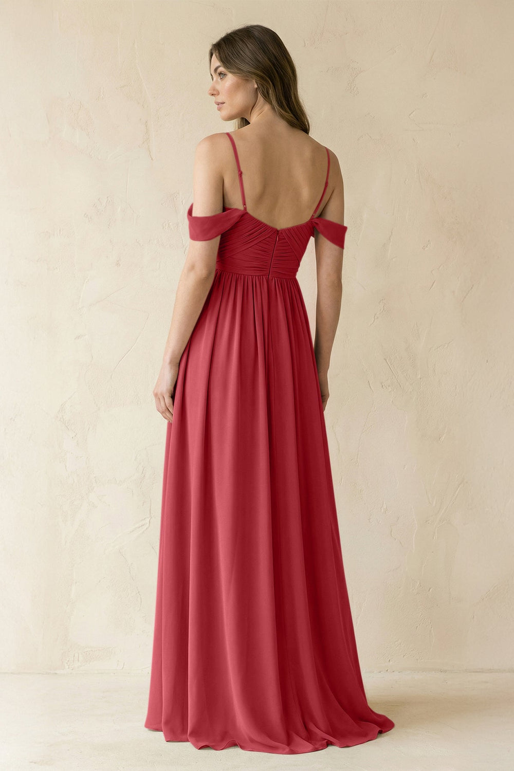 A-Line Off-the-Shoulder Pleated Chiffon Bridesmaid Dress in Merlot - KISS BRIDAL BRIDESMAID DRESSES