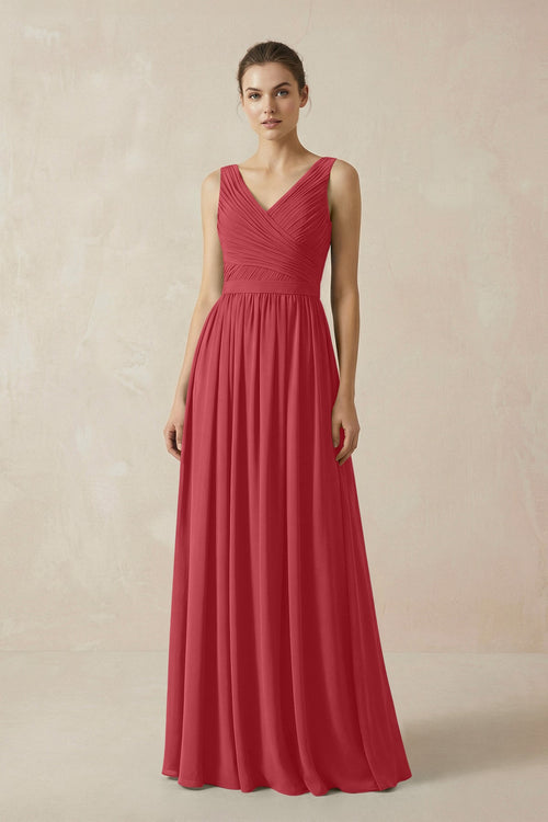 A-Line V-Neck Pleated Chiffon Bridesmaid Dress in Merlot - SHE IS ME BRIDESMAID DRESSES