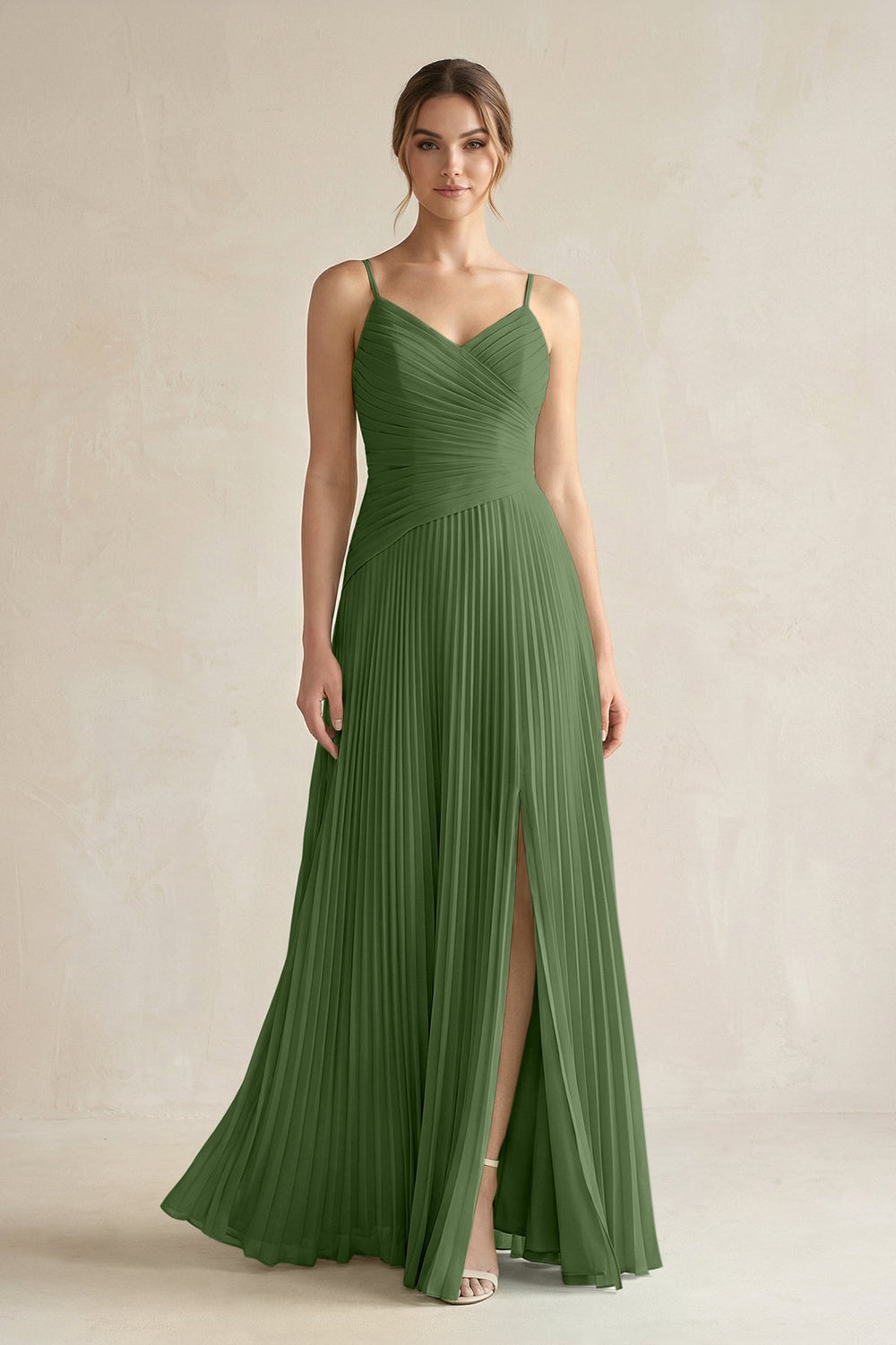 Pleated A-Line Long Chiffon Bridesmaid Dress in Moss