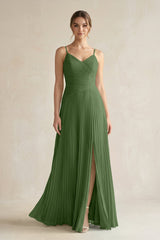 Pleated A-Line Long Chiffon Bridesmaid Dress in Moss