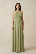 A-Line Halter Neck Pleated Chiffon Bridesmaid Dress in Moss Green - KISS BRIDAL BRIDESMAID DRESSES