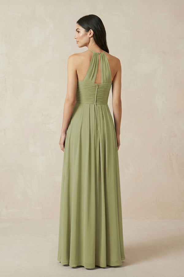 A-Line Halter Neck Pleated Chiffon Bridesmaid Dress in Moss Green - KISS BRIDAL BRIDESMAID DRESSES