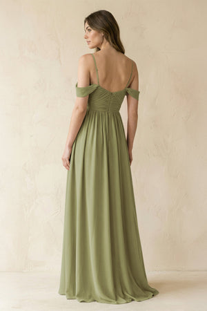 A-Line Off-the-Shoulder Pleated Chiffon Bridesmaid Dress in Moss Green - SHE IS ME BRIDESMAID DRESSES