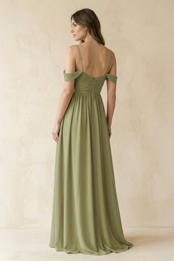 A-Line Off-the-Shoulder Pleated Chiffon Bridesmaid Dress in Moss Green - SHE IS ME BRIDESMAID DRESSES