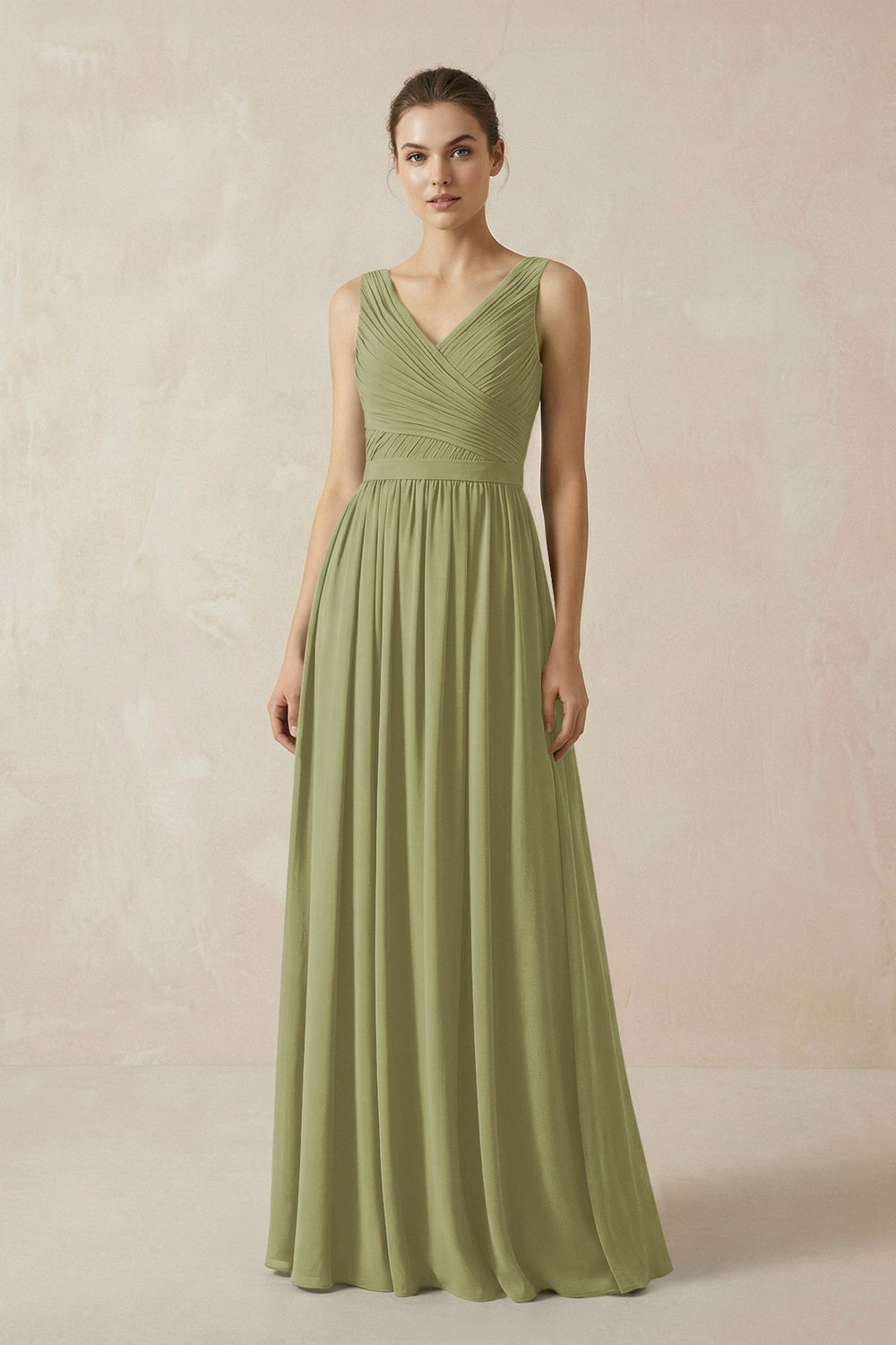 A-Line V-Neck Pleated Chiffon Bridesmaid Dress in Moss Green - KISS BRIDAL BRIDESMAID DRESSES