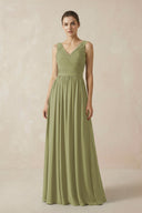 A-Line V-Neck Pleated Chiffon Bridesmaid Dress in Moss Green - SHE IS ME BRIDESMAID DRESSES