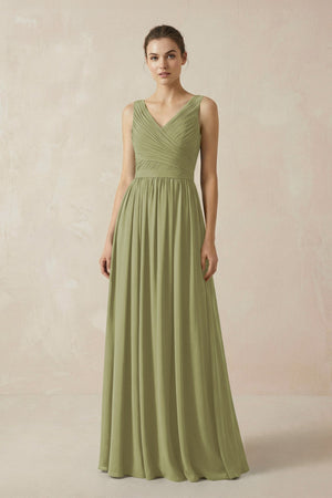 A-Line V-Neck Pleated Chiffon Bridesmaid Dress in Moss Green - SHE IS ME BRIDESMAID DRESSES